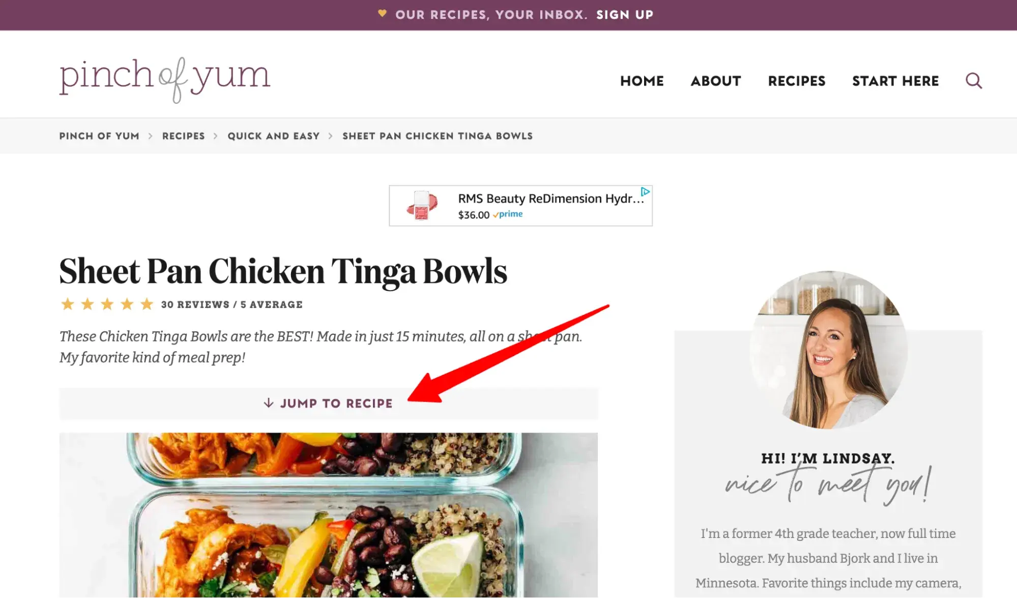 ux design examples: pinch of yum’s “jump to recipe” button