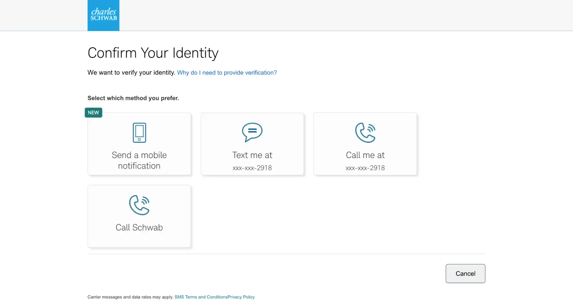ux design examples: charles schwab “confirm your identity” page