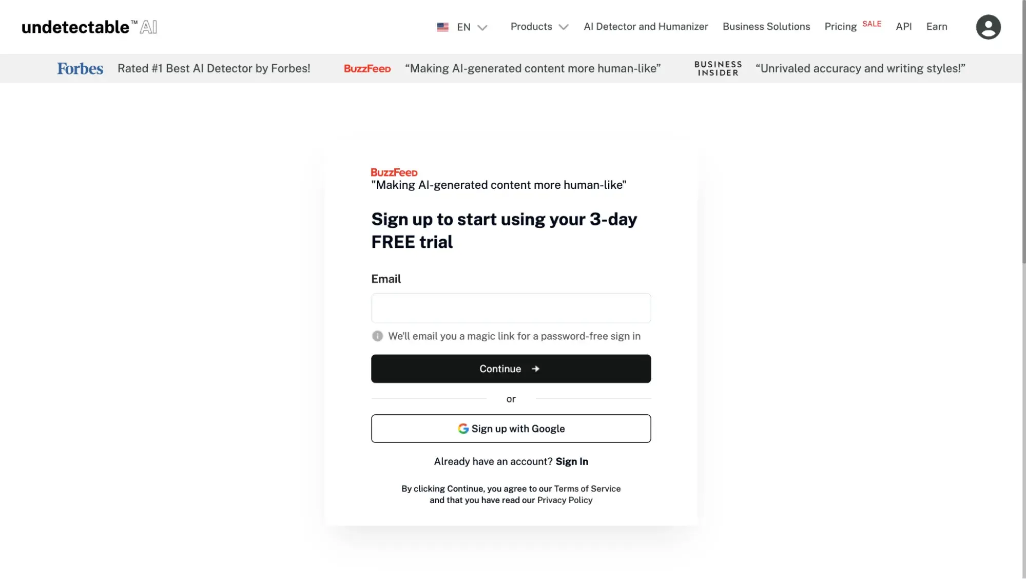 ux examples: undetectable.ai’s sign-in page offers to email you a magic link so you don’t have to enter a password