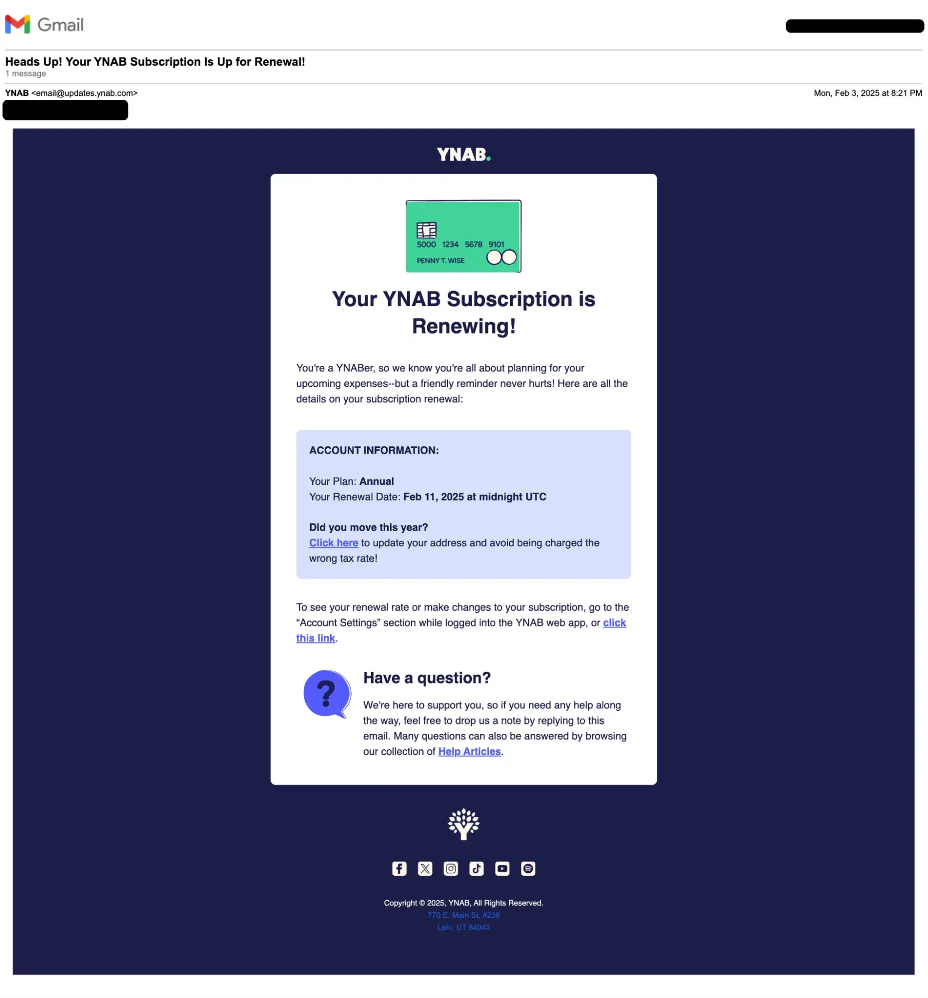 ux design examples: ynab subscription renewal reminder email