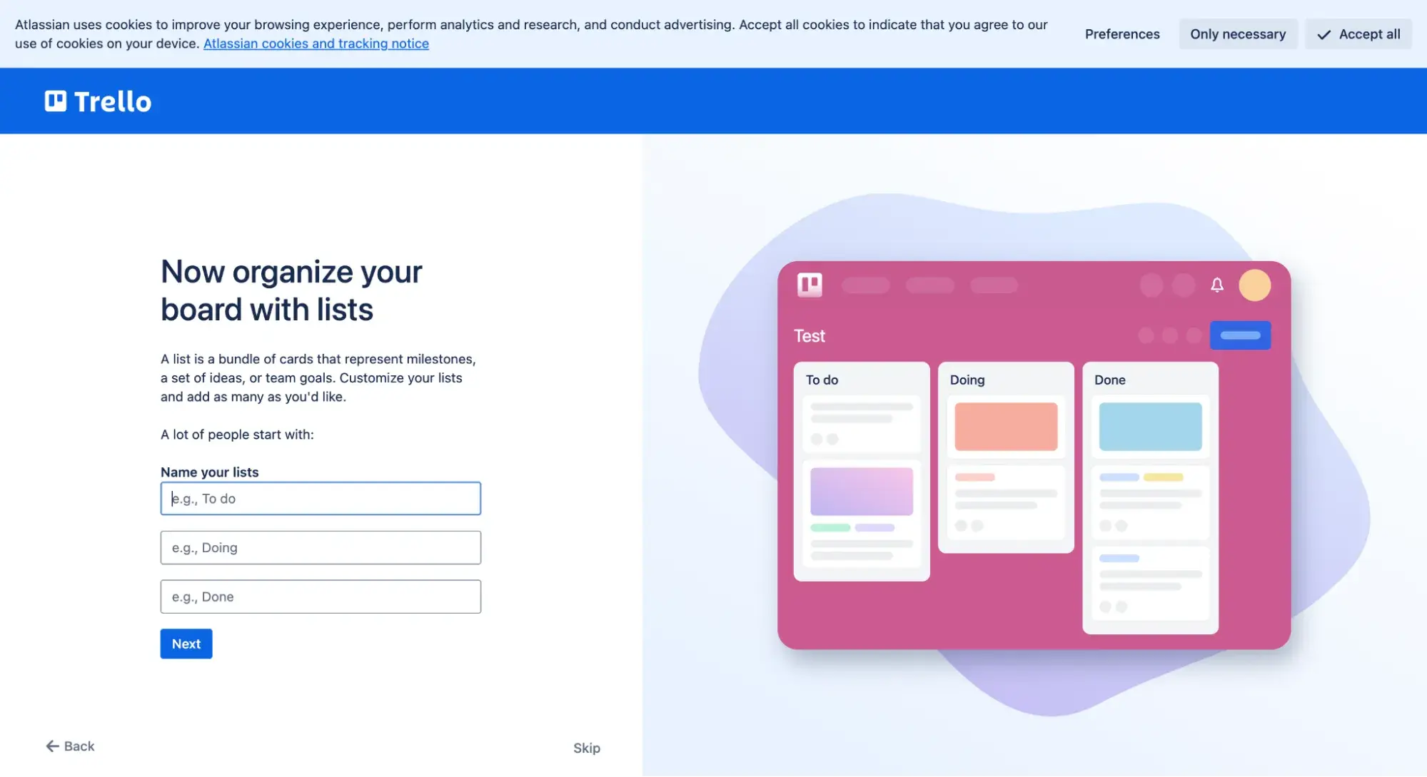 ux design examples: trello’s onboarding flow asking the user to name lists
