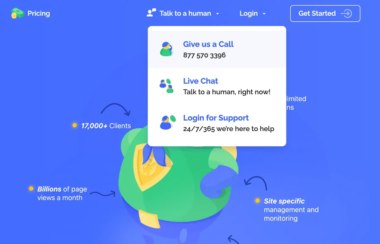 ux design examples: bigscoots’ homepage with support options in a dropdown menu