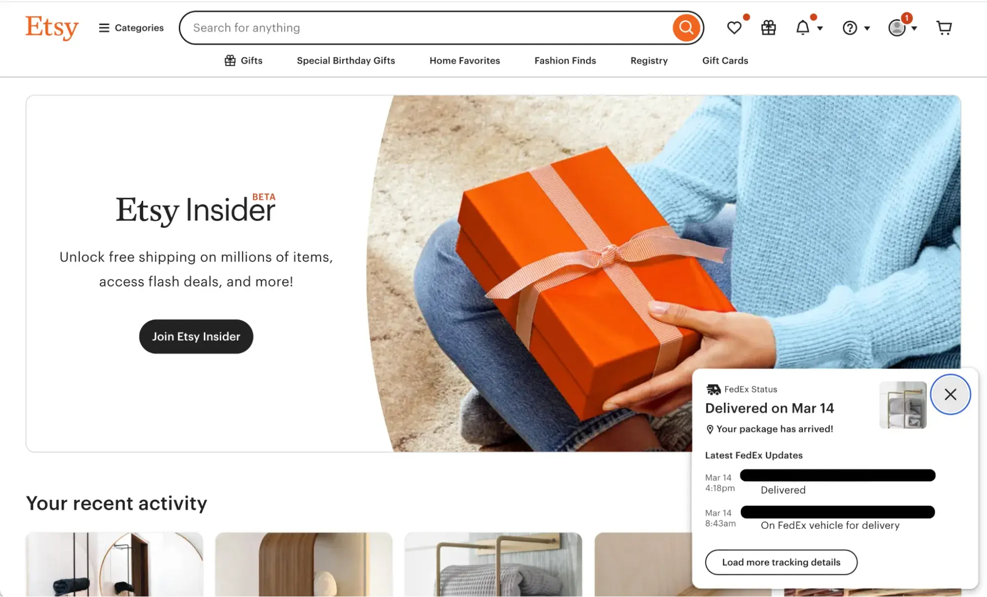 ux design examples: etsy’s order tracking overlay on its website