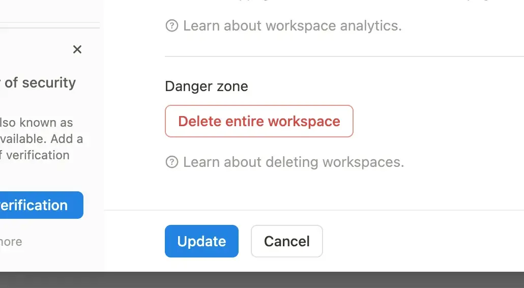 ux design examples: notion’s “delete entire workspace” button