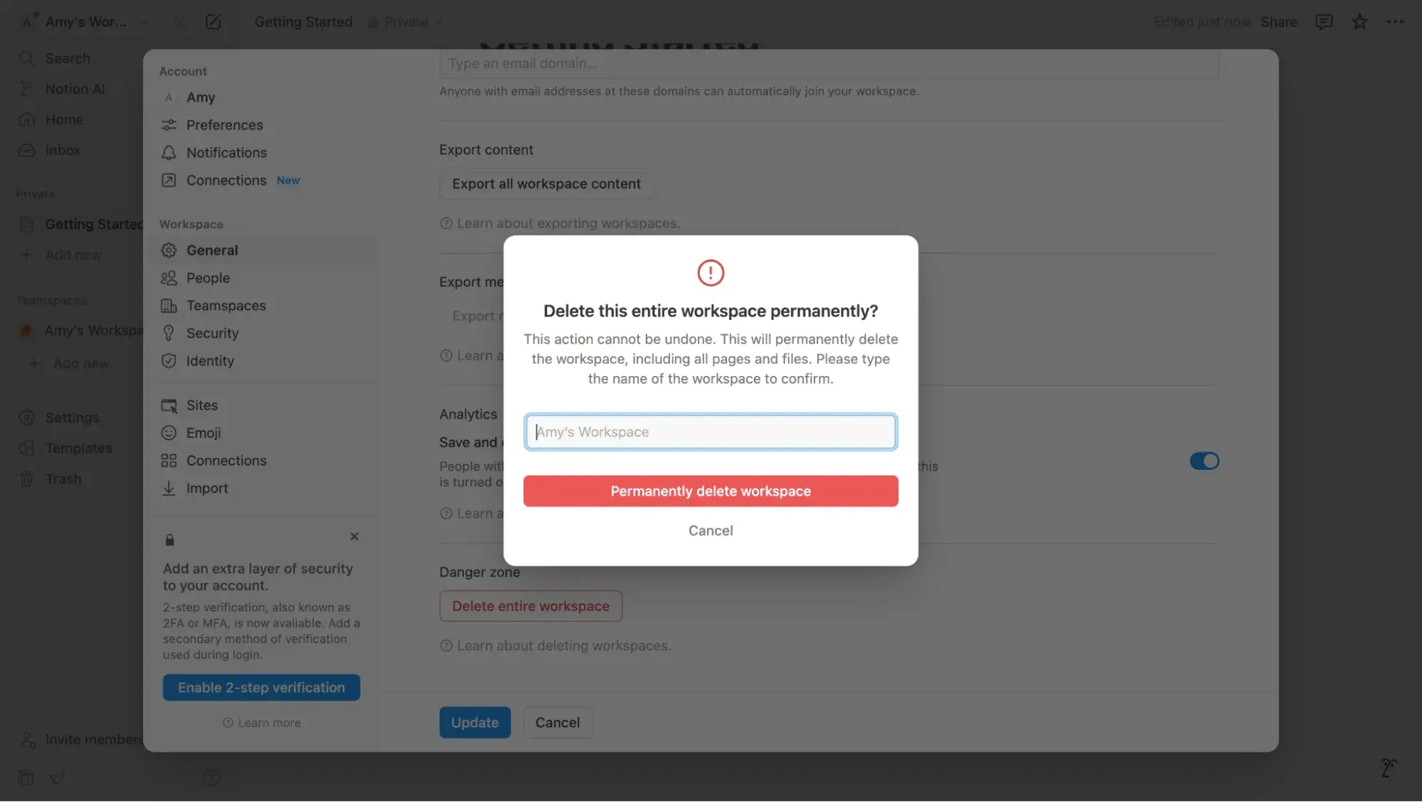 ux examples: notion’s error prevention popup confirming workspace deletion