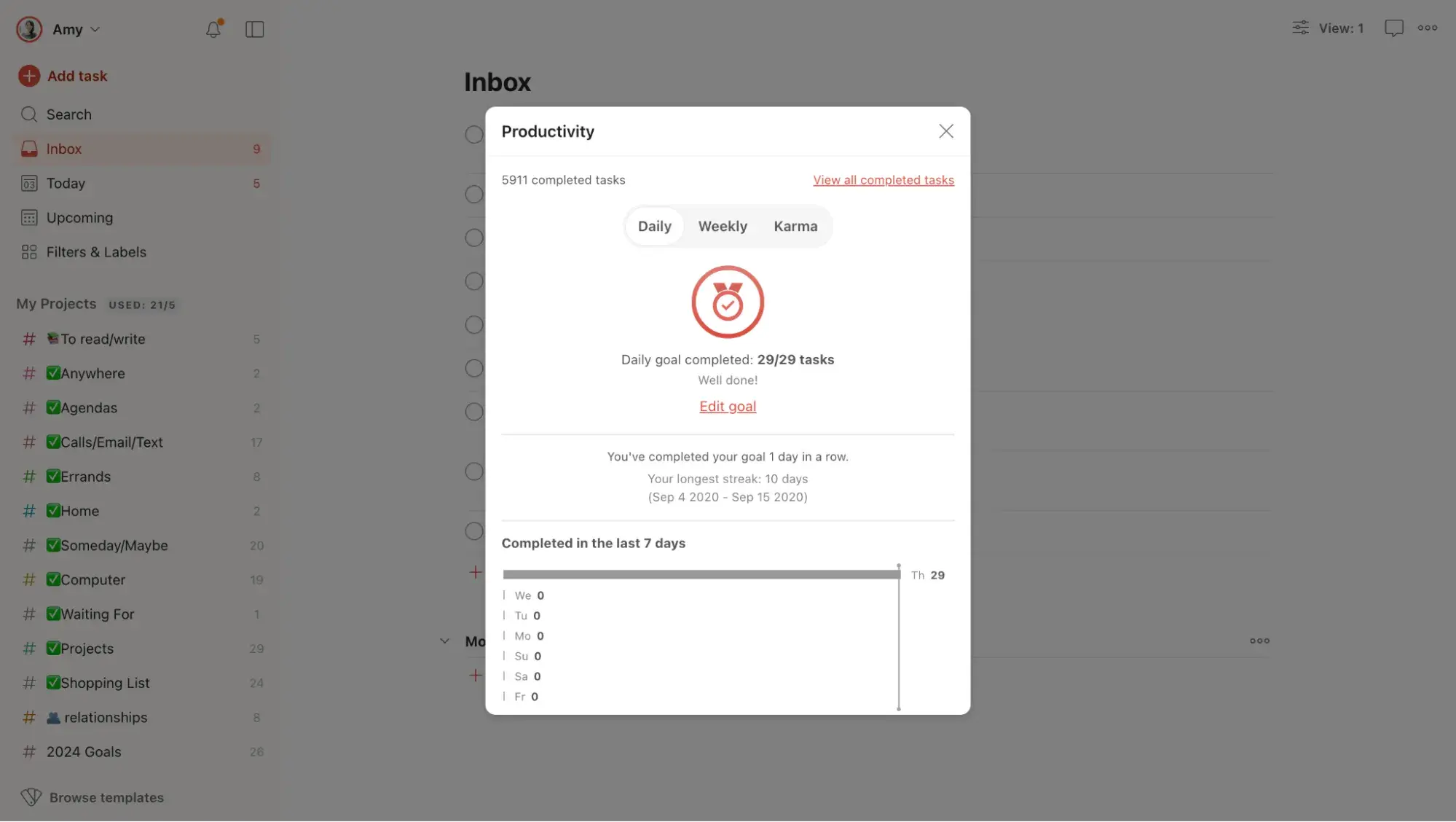 ux examples: todoist gamification showing daily goal completed