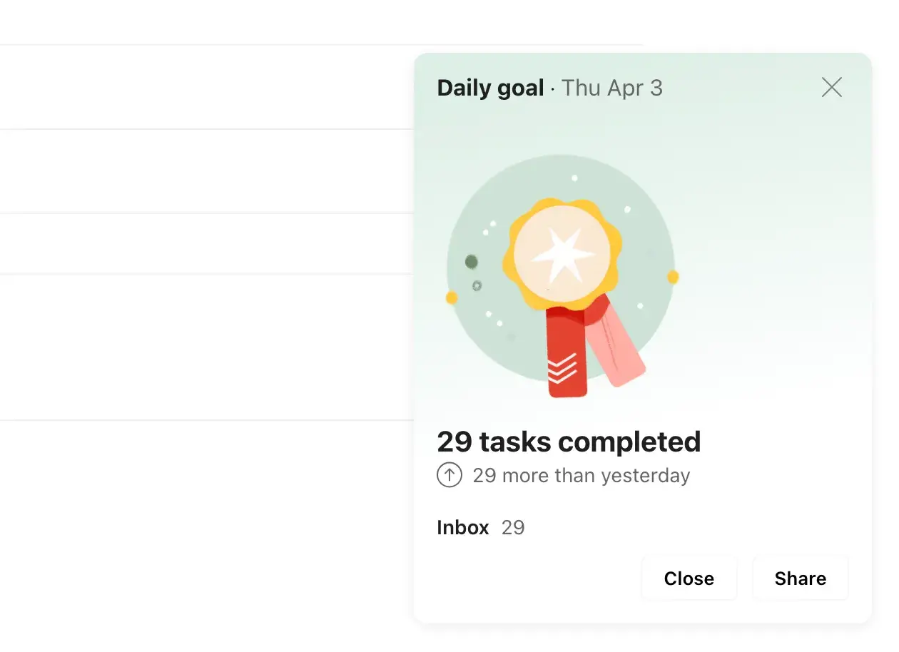 ux design examples: todoist popup with ribbon showing daily goal accomplished