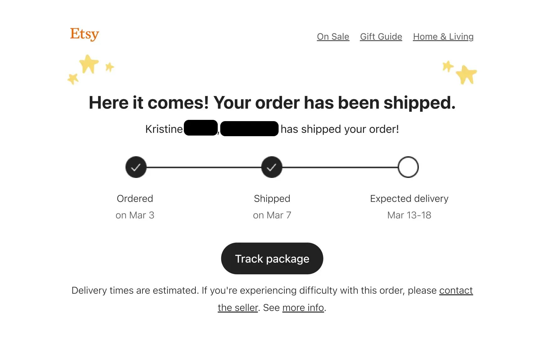 ux design examples: etsy’s order shipment email