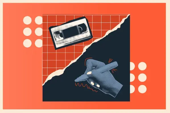 video tape icon adjacent to a hand with a pen in it 