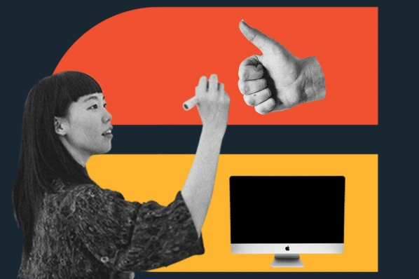 accessibility best practices: person with a marker outlining their web accessibility tactics, a hand giving a thumbs up and a desktop computer are nearby 
