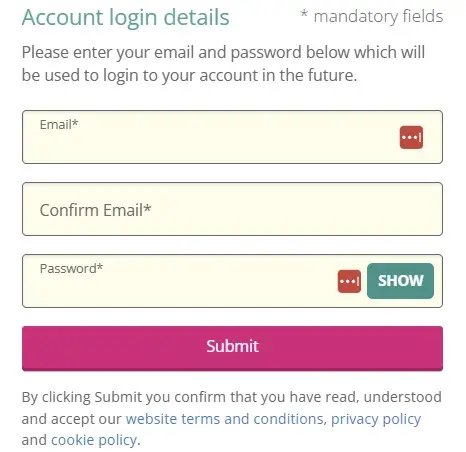 love2shops sign up form, sign up form using placeholder text