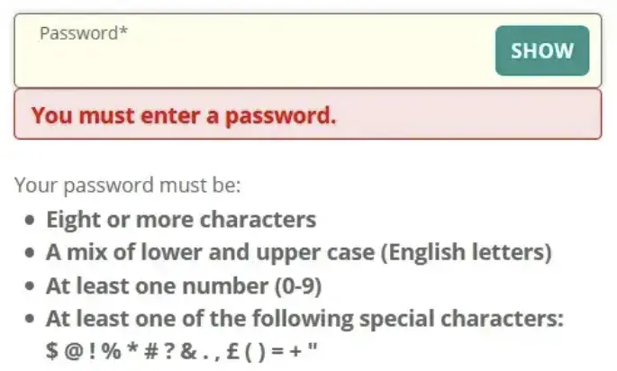 registration form password requirements, love2shop registration password requirements