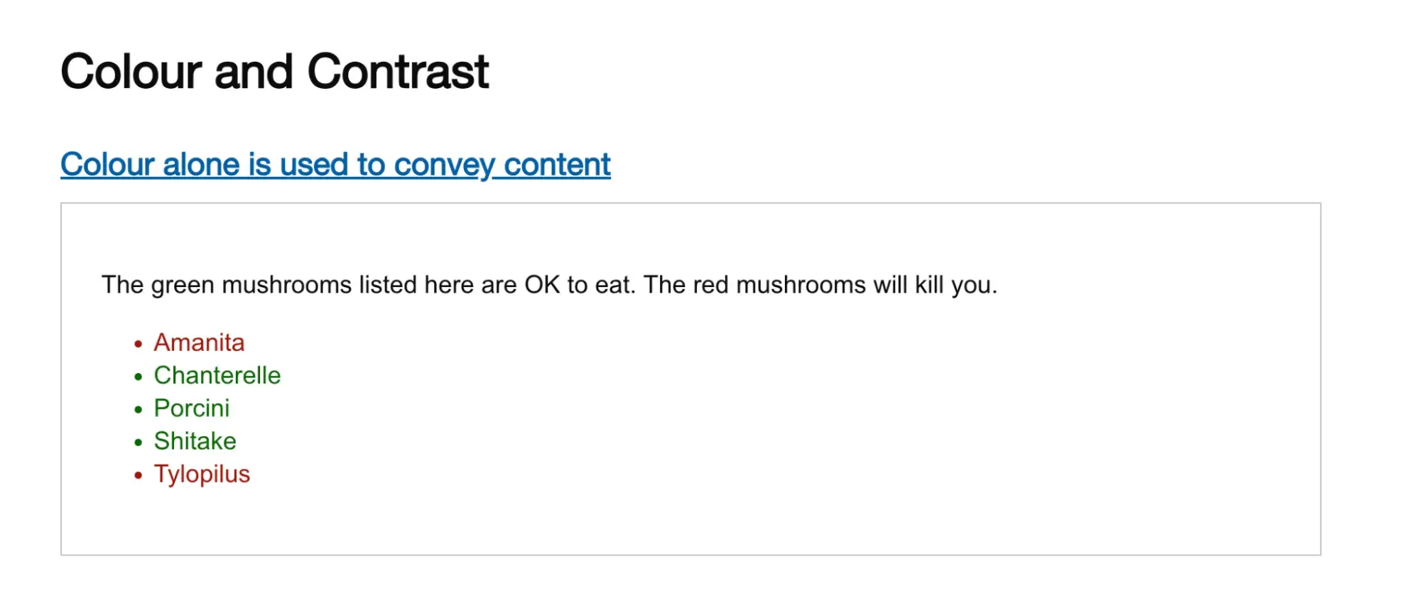 web accessibility guidelines: example of color alone not being enough for visual contrast