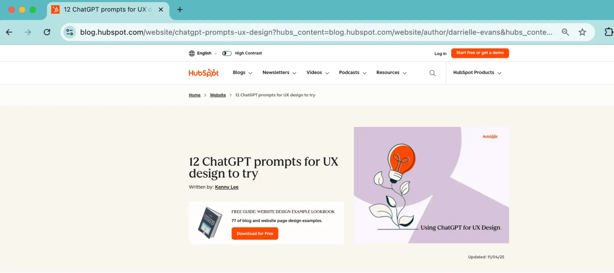 web accessibility guidelines: hubspot blog post with h1 title