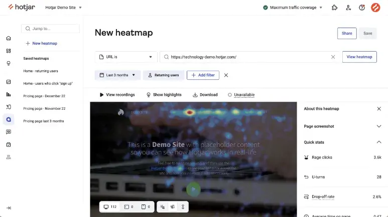 Web analytics report: Hotjars heatmap tool.