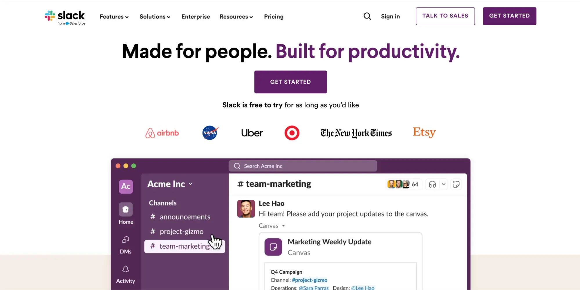 Slack on desktop integrates all the elements of good marketing and web design