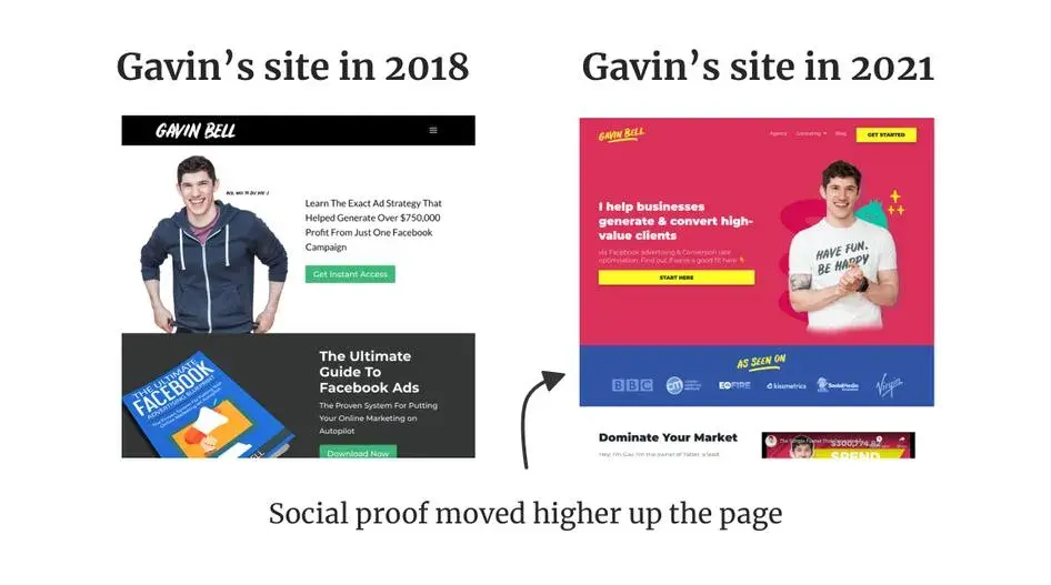 website design and marketing example, Gavins site in 2018 vs. in 2021.