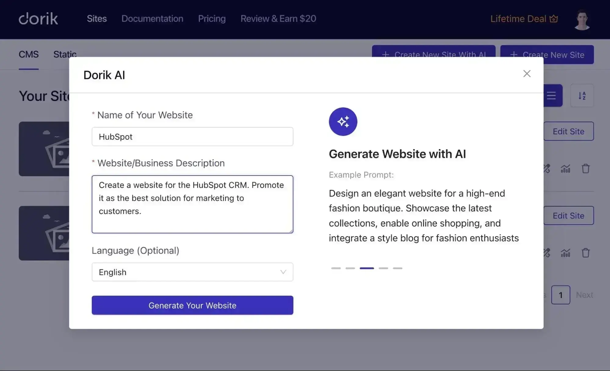 Dorik AI web design software showing AI website generator dialog with form fields and example prompt