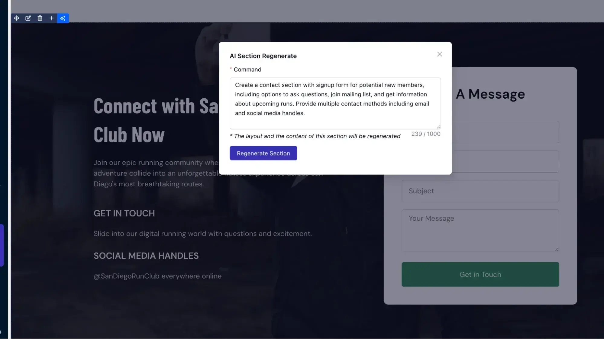 Dorik web design tool displaying AI section regenerate dialog for creating contact signup forms