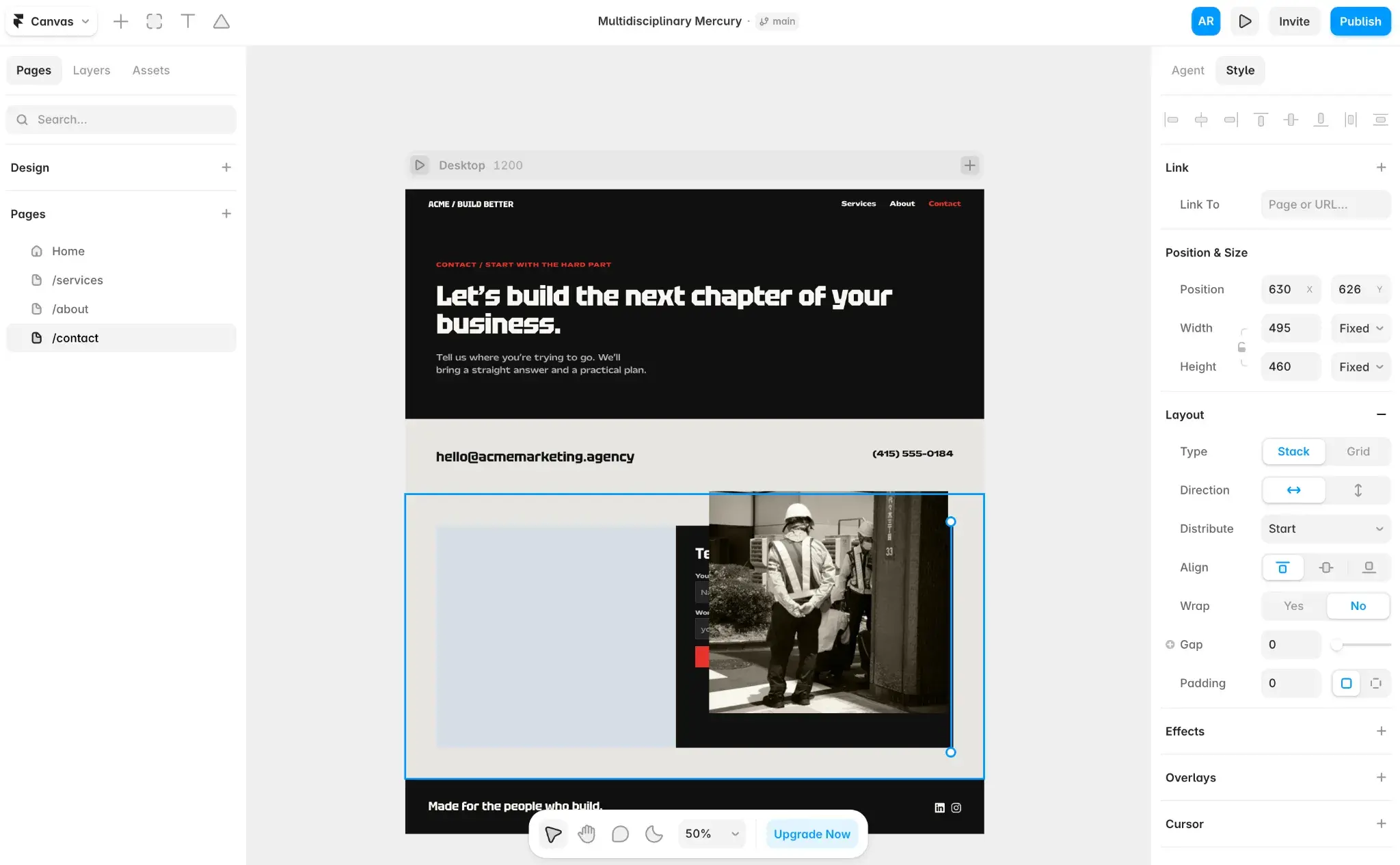Framer web design canvas showing agency website layout with style panel