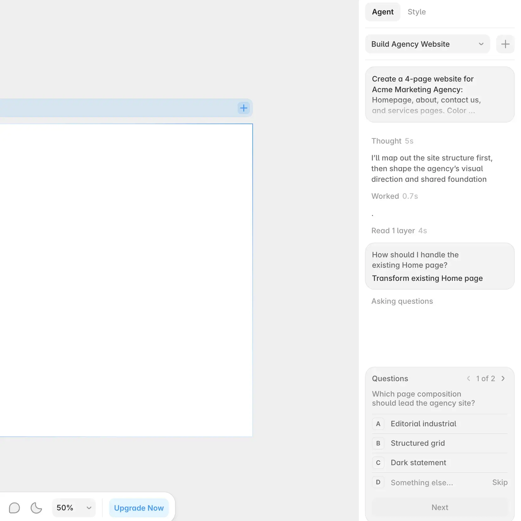 Framer AI design agent chat interface showing website building prompts and clarifying questions