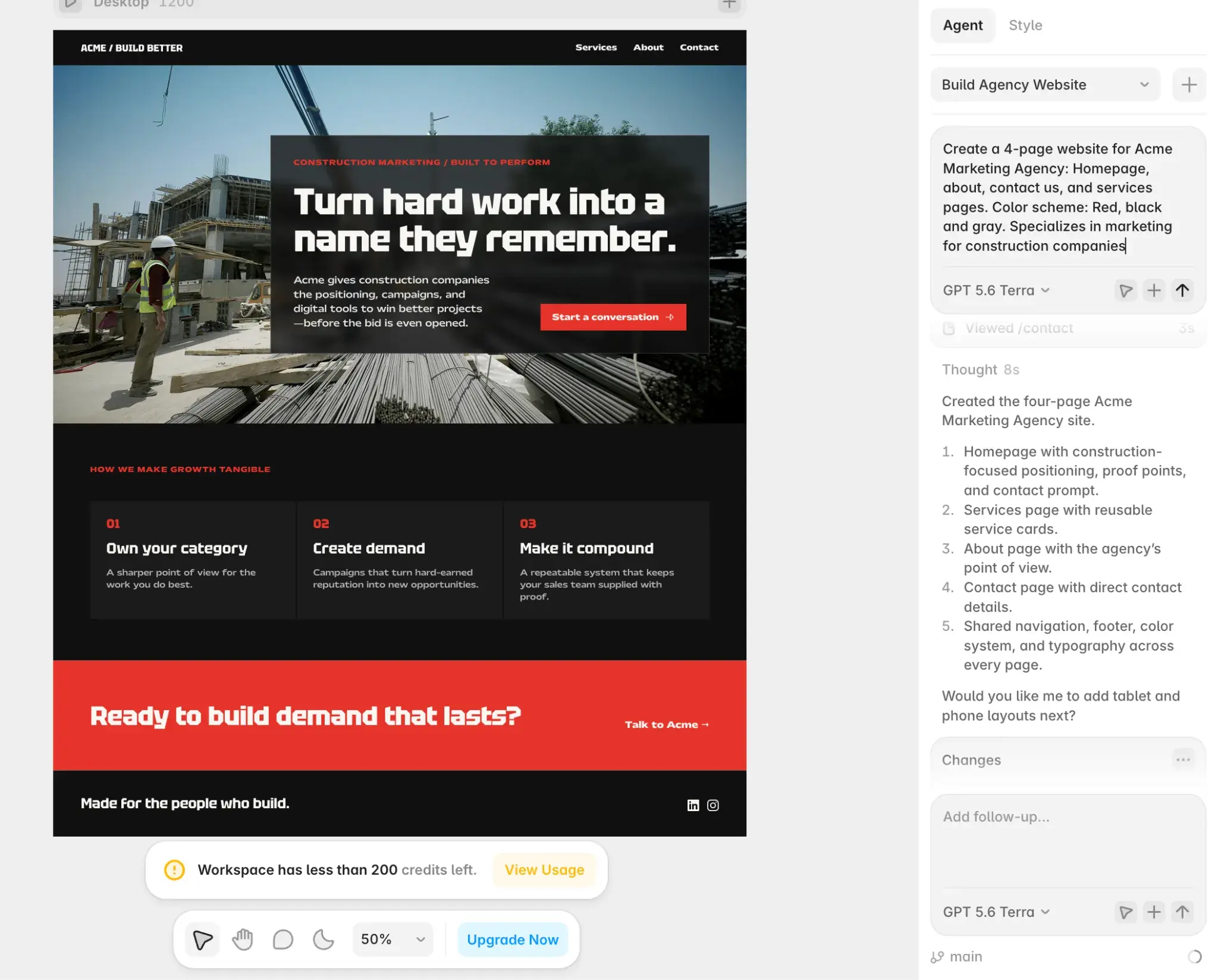 Framer AI-generated agency website layout showing construction company homepage