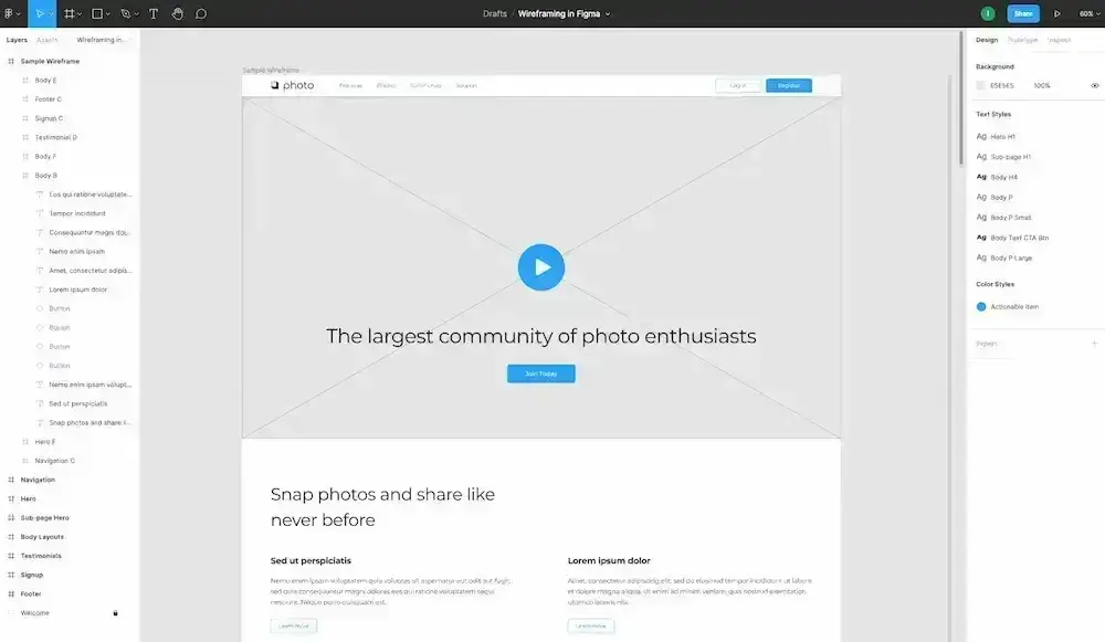 Figma web design software editor with a sample website wireframe, a layers panel on the left, and text and color style controls on the right