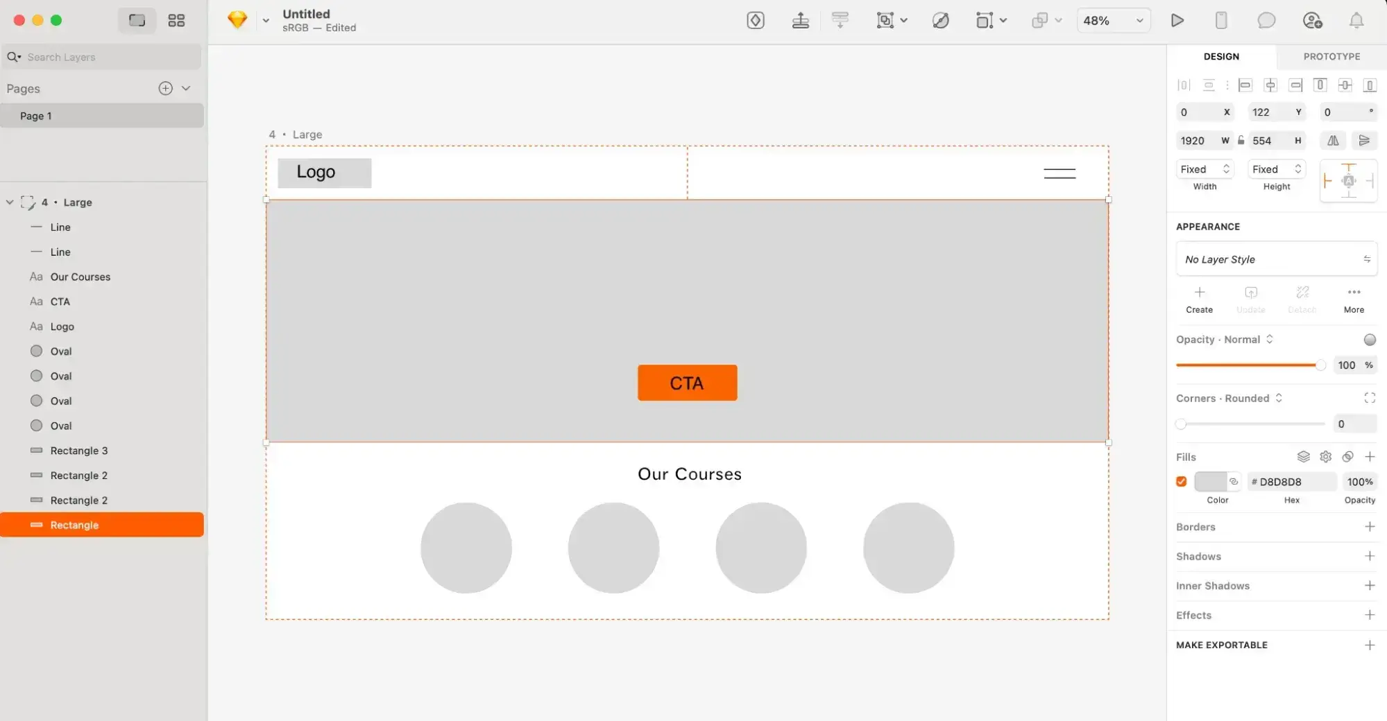 Sketch web design software showing a low-fidelity website wireframe with a logo, orange CTA button, and an Our Courses section of four circles