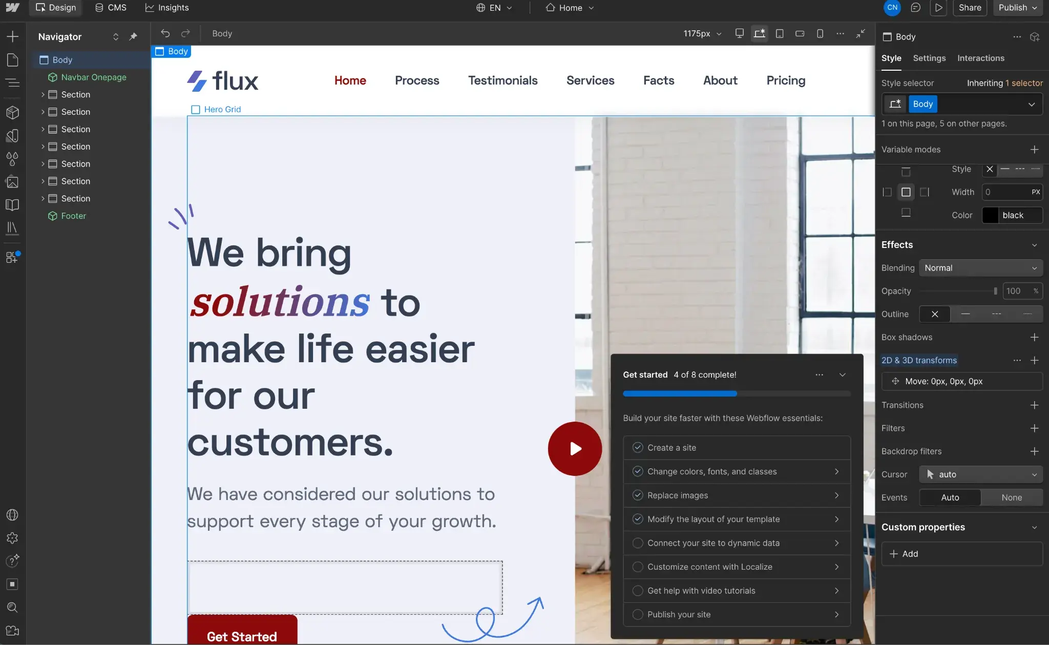 Webflow web design software editing the Flux template hero section, with the Navigator panel, Style panel, and a Get started setup checklist