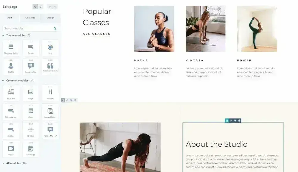 Content Hub web design software interface showing theme modules, template options, and popular classes gallery