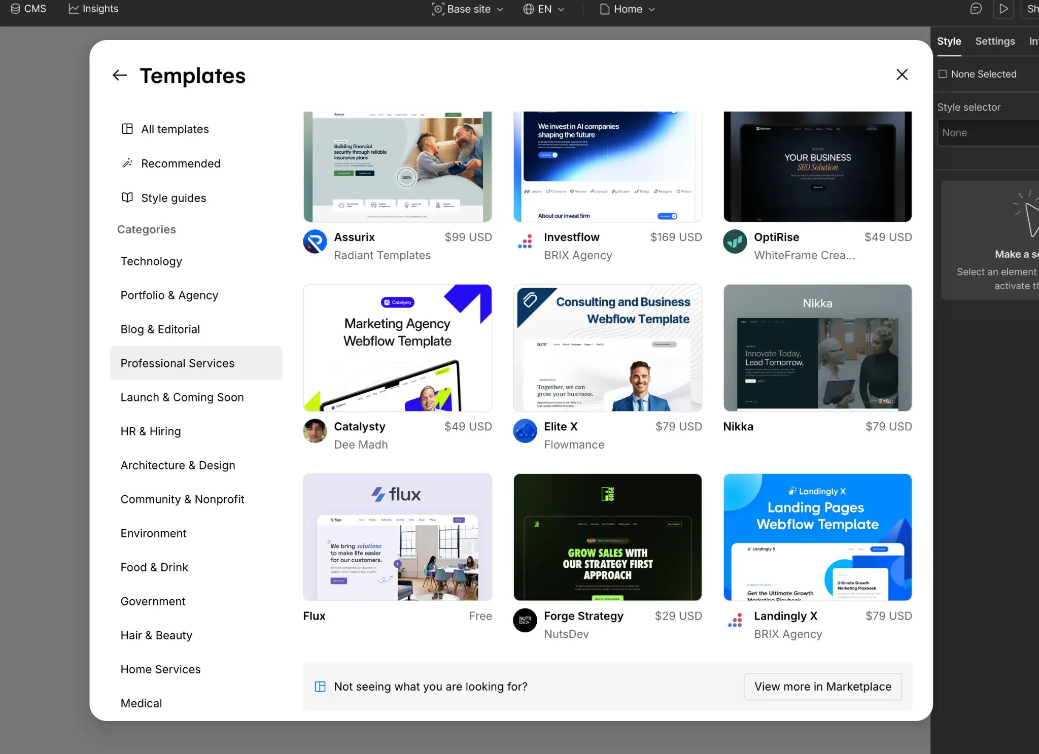 Webflow template gallery under Professional Services with web design software templates