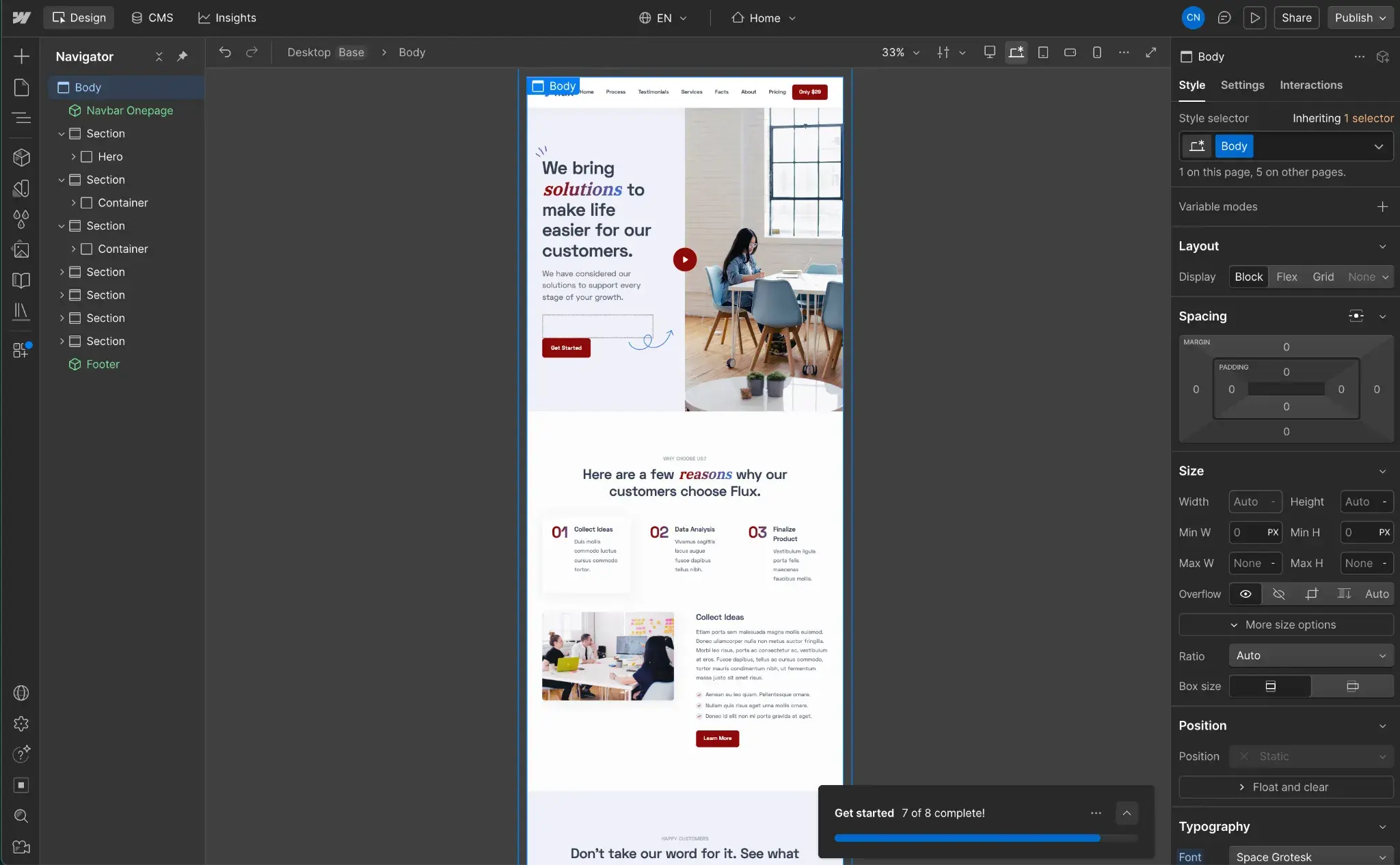 Webflow web design software showing the full Flux template homepage with the Navigator panel and a Style panel for layout, spacing, and size