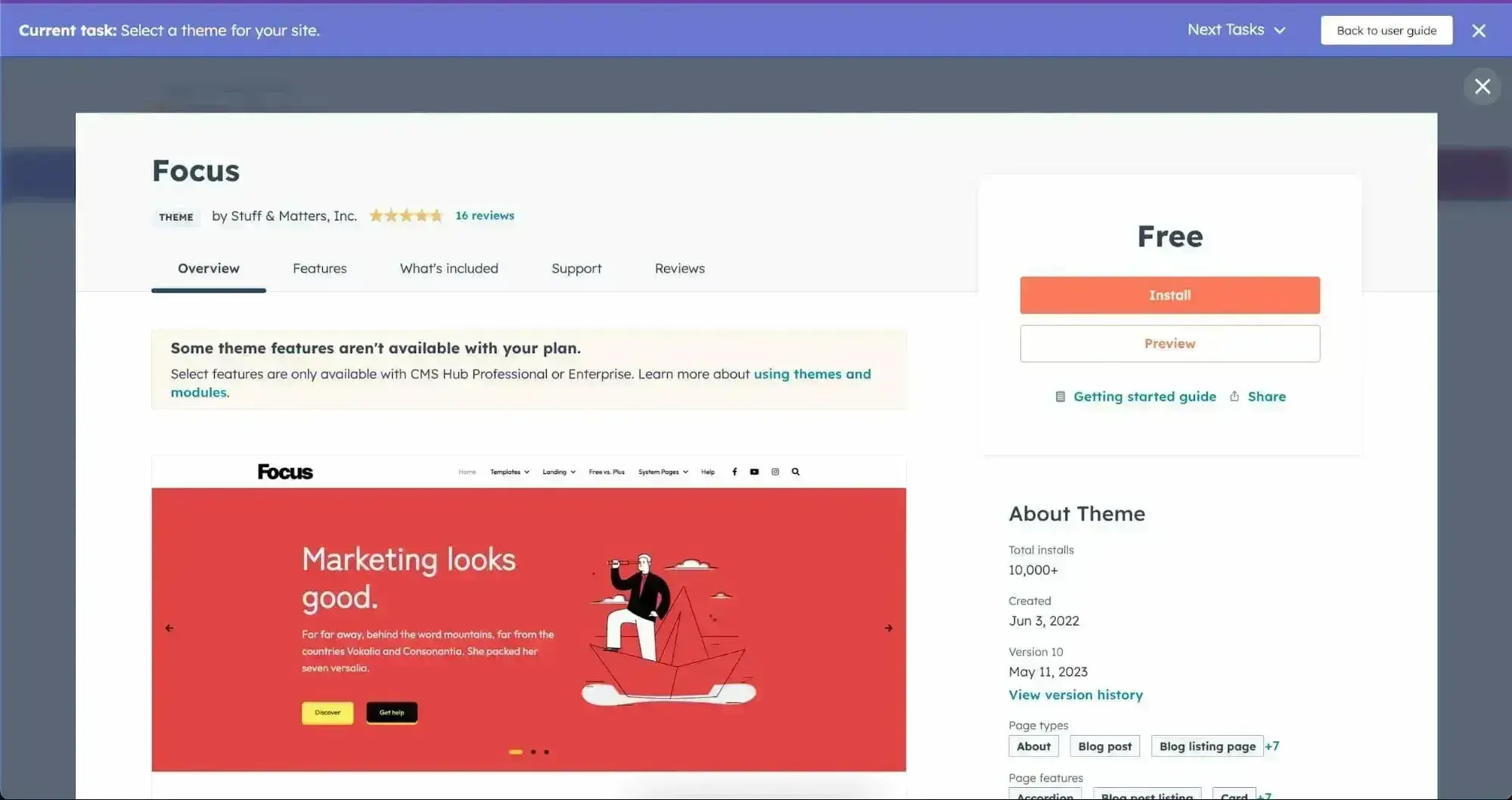 Content Hub theme selection dialog showing Focus template with preview and install options