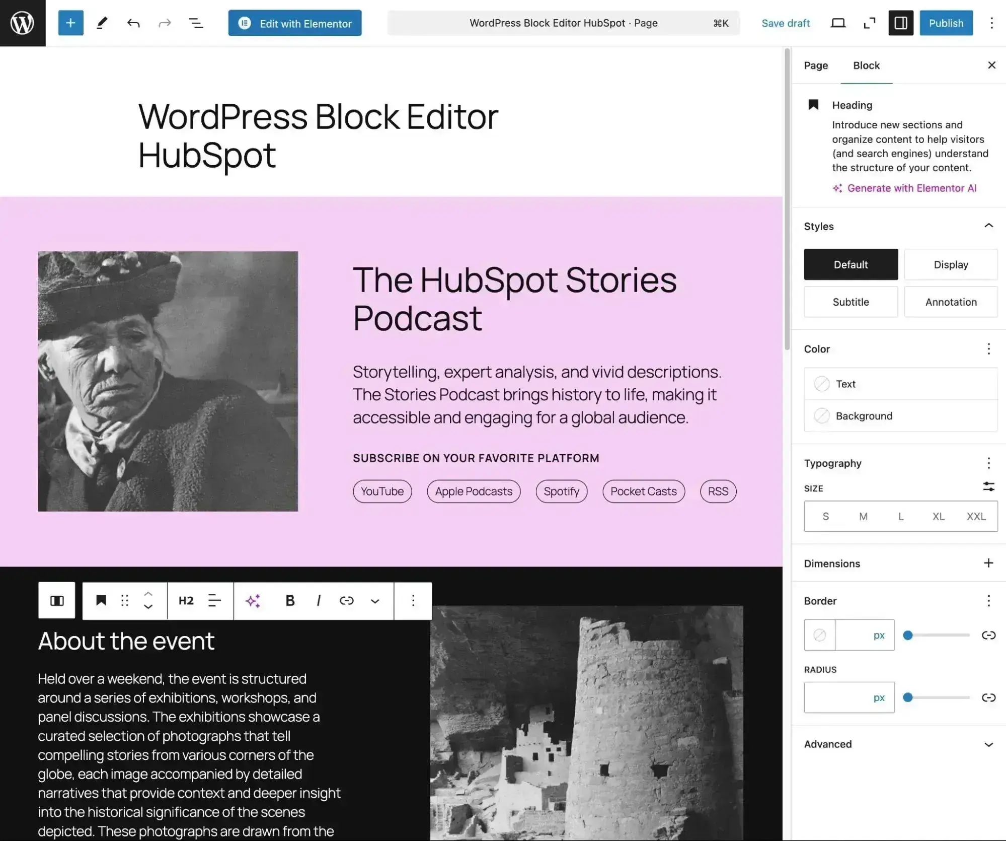 WordPress Block Editor with visual builder showing podcast page design interface