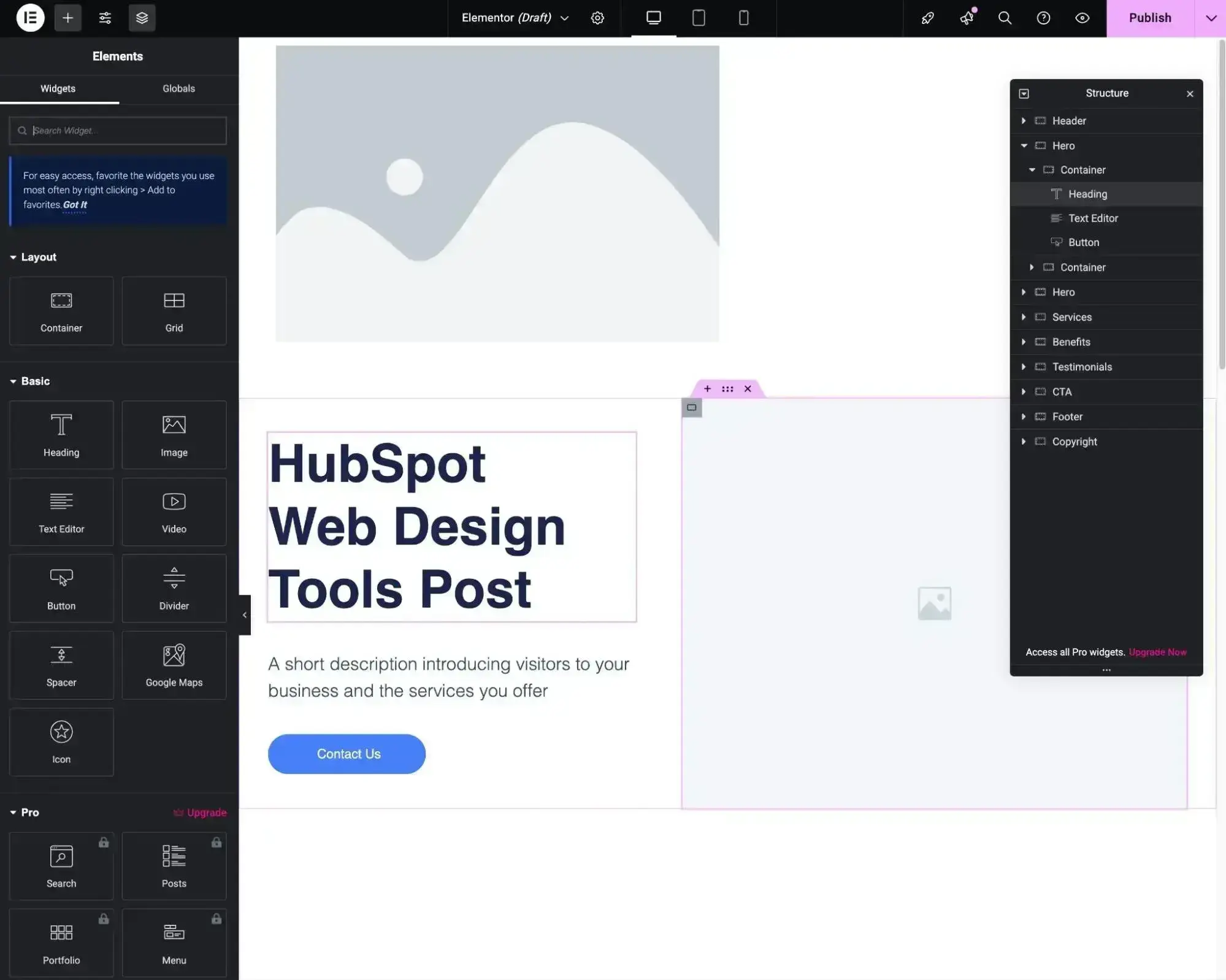 Elementor web design software interface with drag-and-drop elements panel and page builder canvas