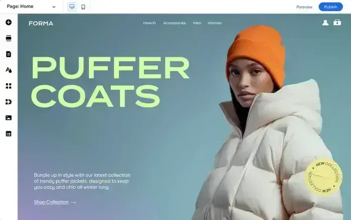 Wix web design template showing puffer coats ecommerce landing page with product imagery