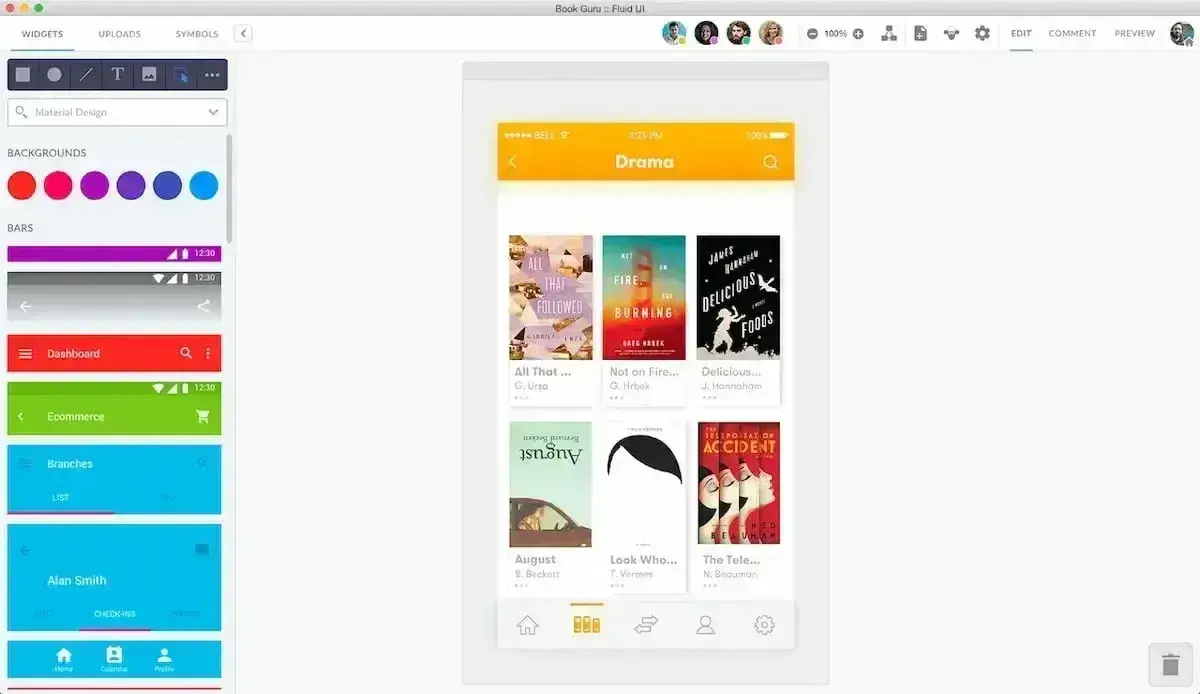 Fluid UI prototyping software showing mobile app interface design with widgets and collaboration features