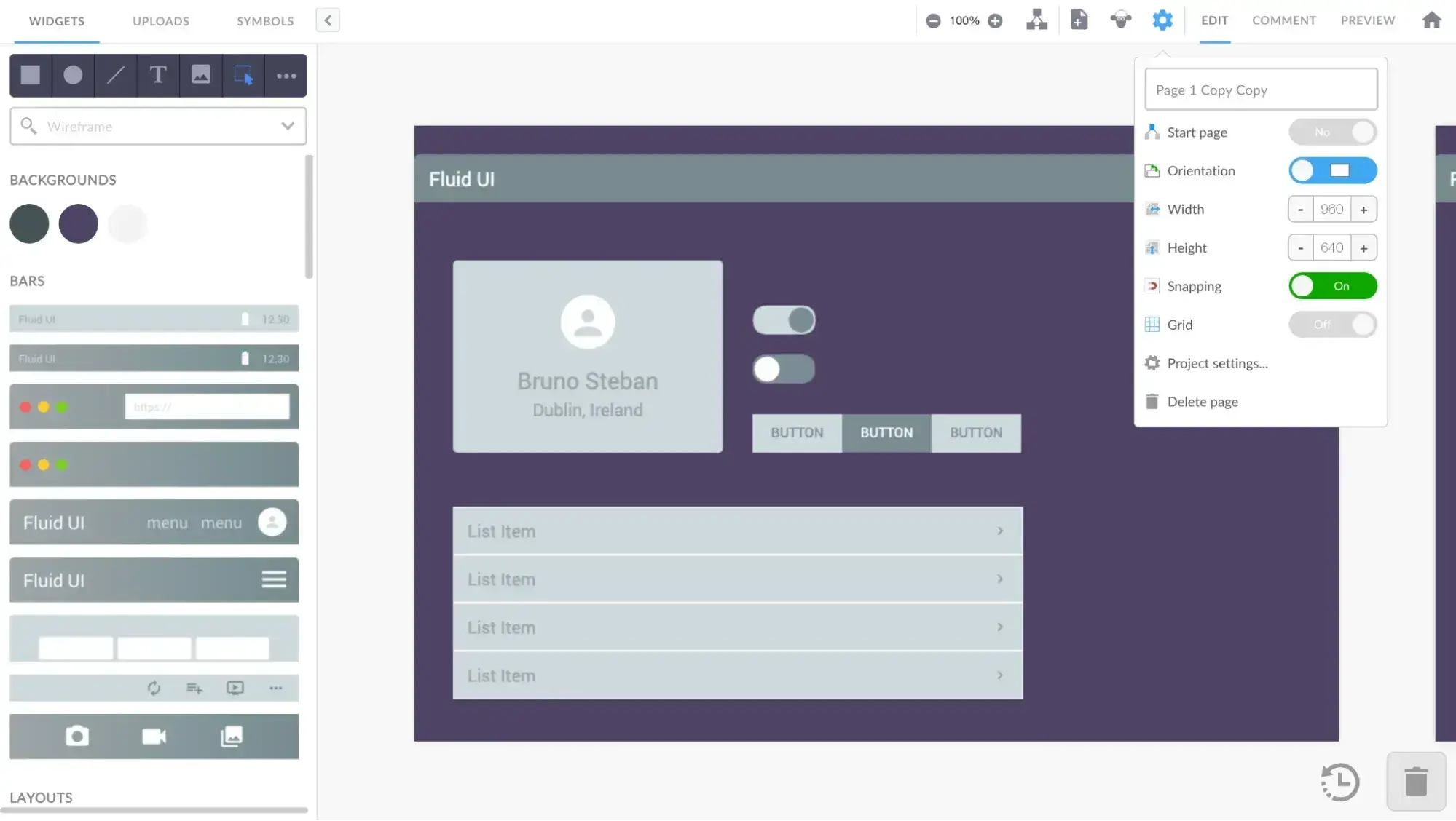 Fluid UI design tool displaying user profile interface with buttons and toggles