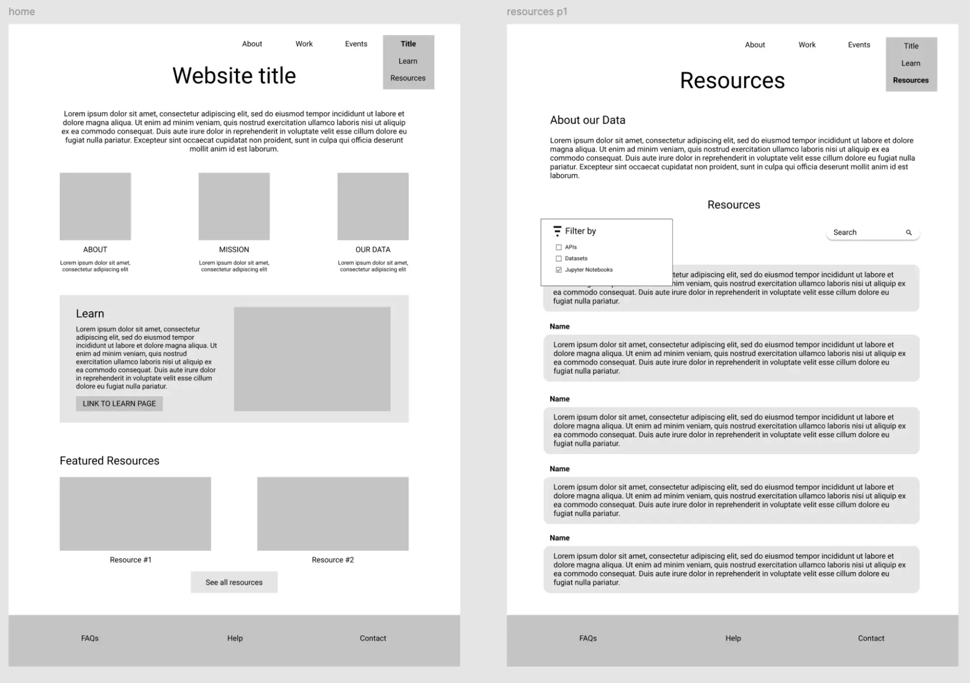A screenshot of two low-fidelity mockups with gray boxes in Browns web design workflow