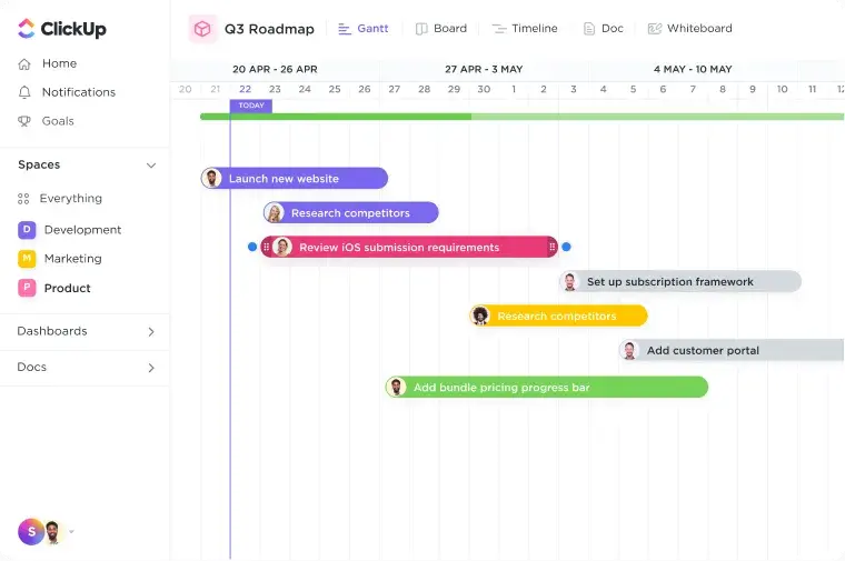 screenshot of a gantt chart in clickup demonstrates how designers can manage projects to improve on reliability as a website design soft skill.