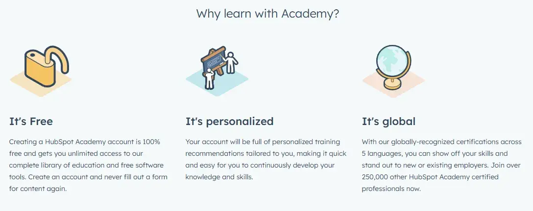 screenshot from hubspots website design courses shows the three key benefits of the free course to upskill designers. the benefits are that its free, personalized, and global.