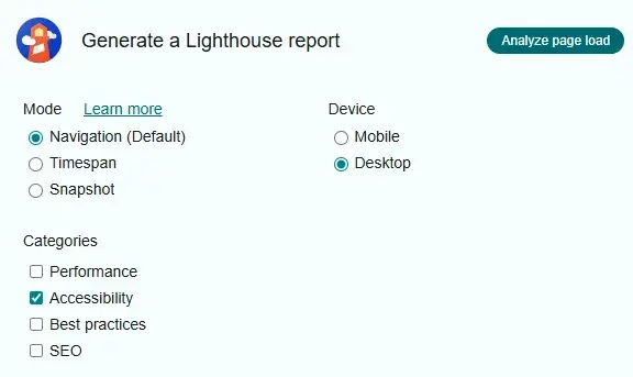 screenshot demonstrates how web designers can generate a lighthouse report to work on the website designer skill accessibility.