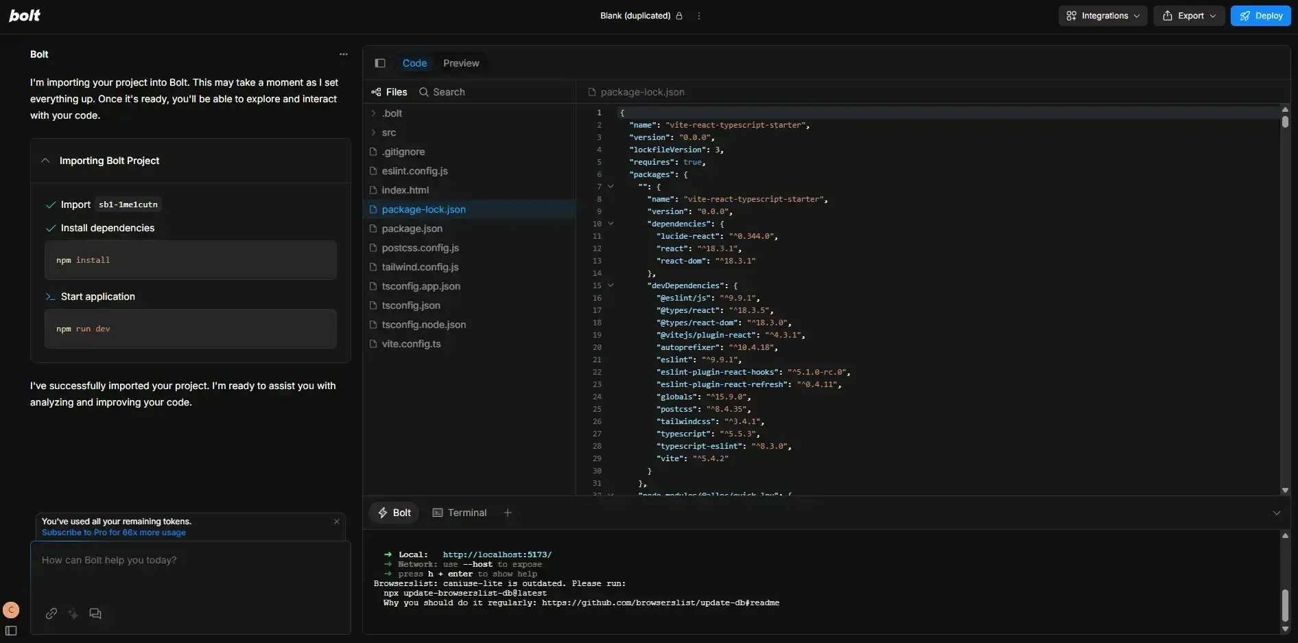 web development ai: bolt dashboard showing code panel