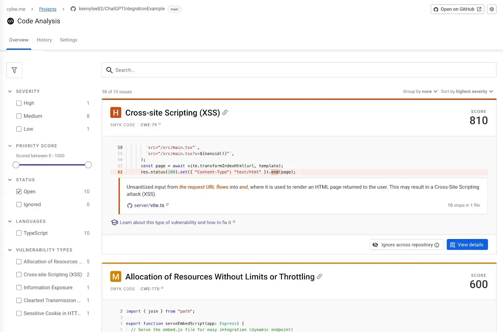 web development ai: snyk