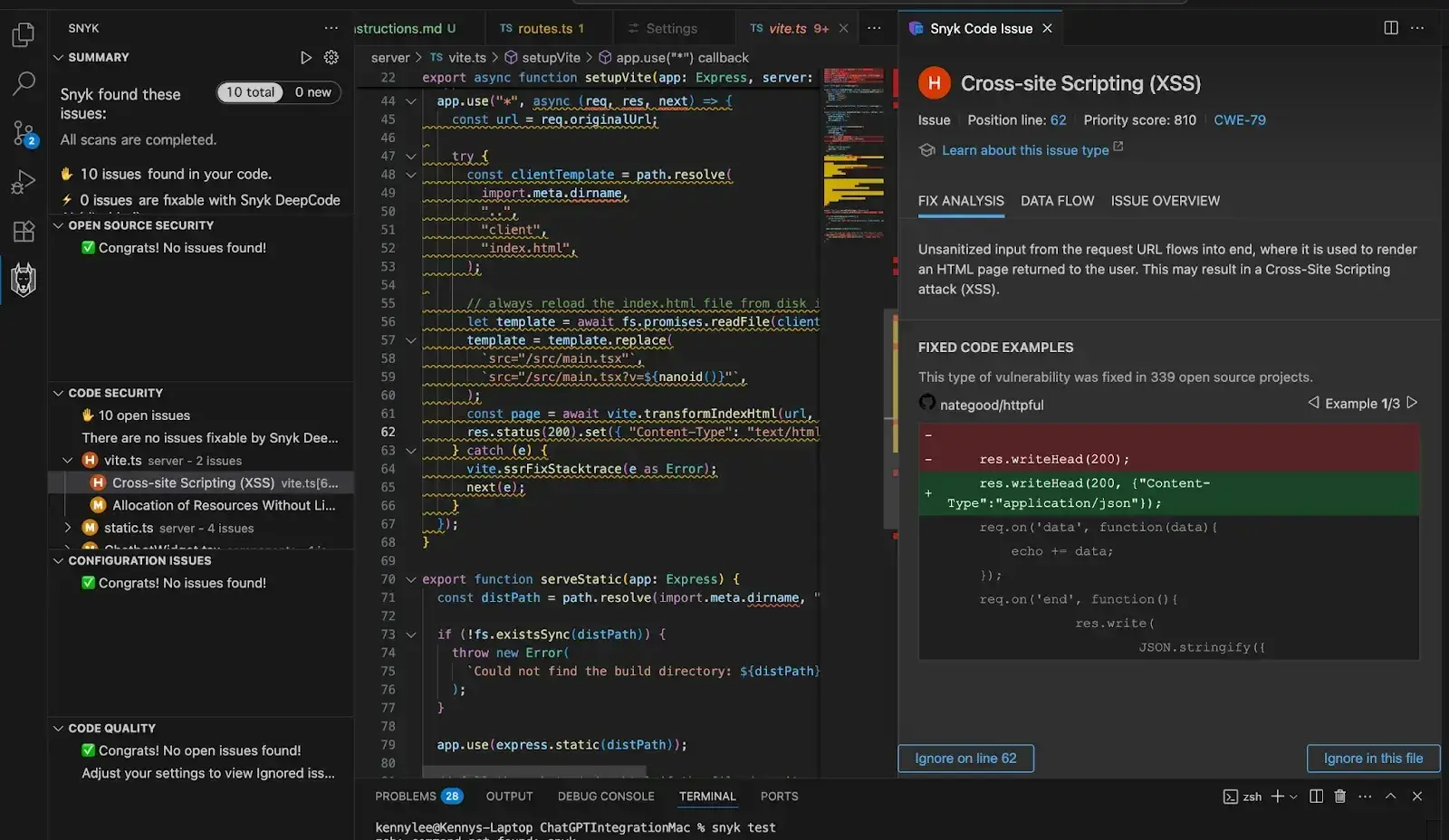 web development ai: snyk dashboard
