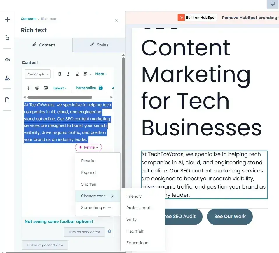 web development ai: hubspot’s breeze assistant can refine text with ai