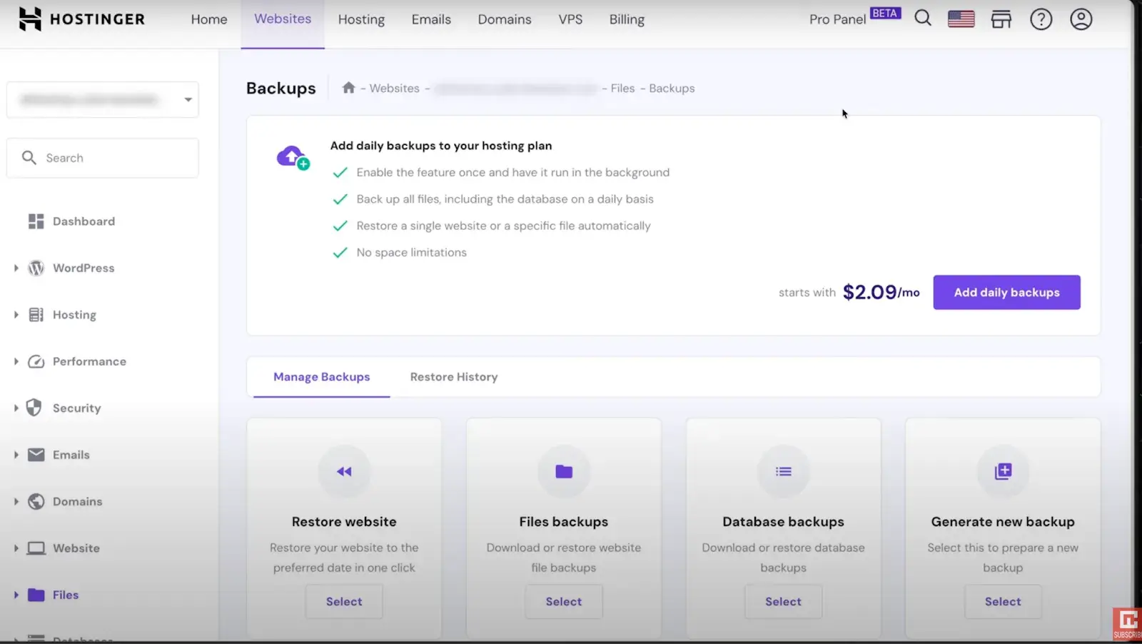 hostinger dashboard – backups