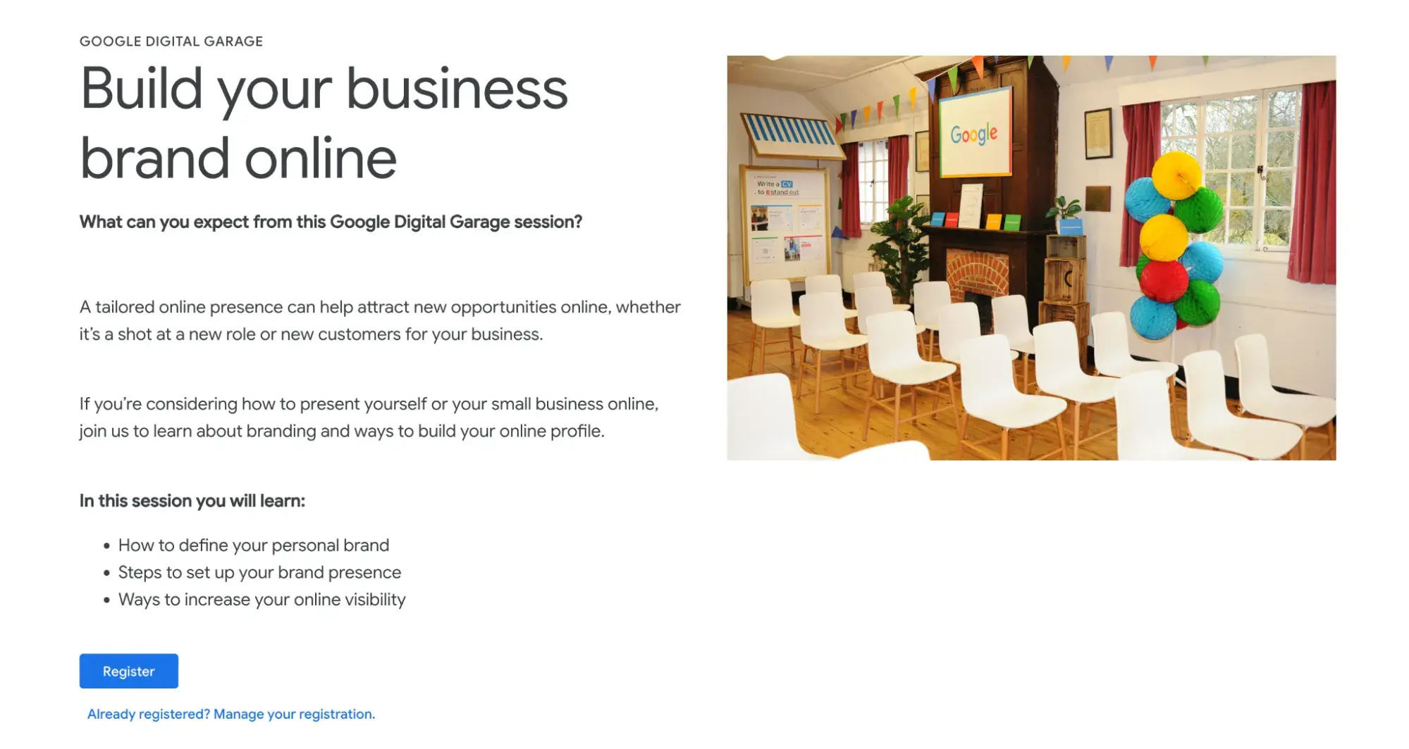 webinar landing page example, google digital garage
