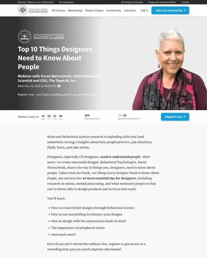 webinar landing page example, interaction design foundation