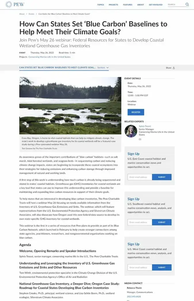 webinar landing page example, pew